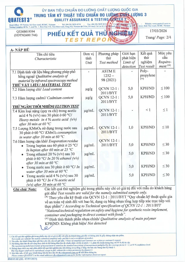 Phiếu QUATEST 3 — kiểm nghiệm nắp hũ PET