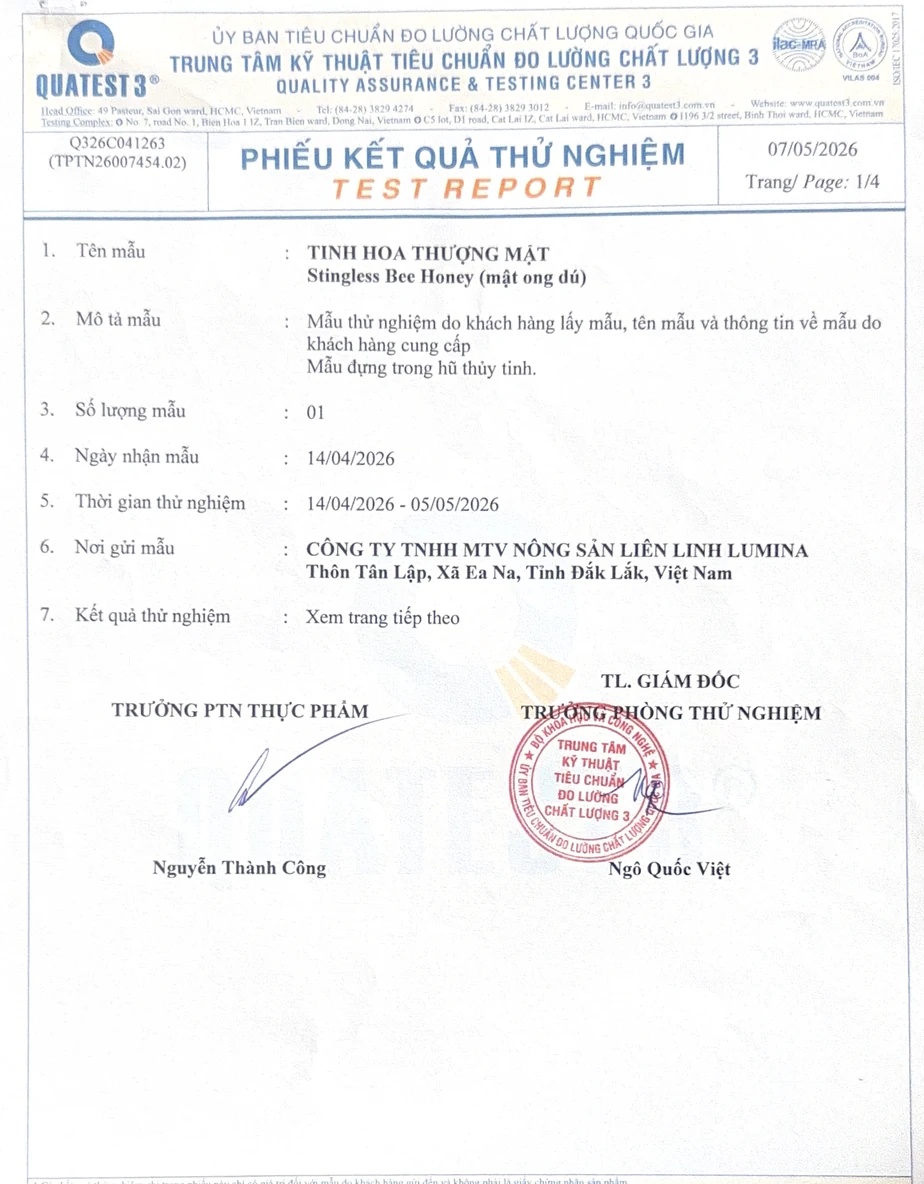 Phiếu kiểm nghiệm QUATEST 3 — mật ong dú Tinh Hoa Thượng Mật